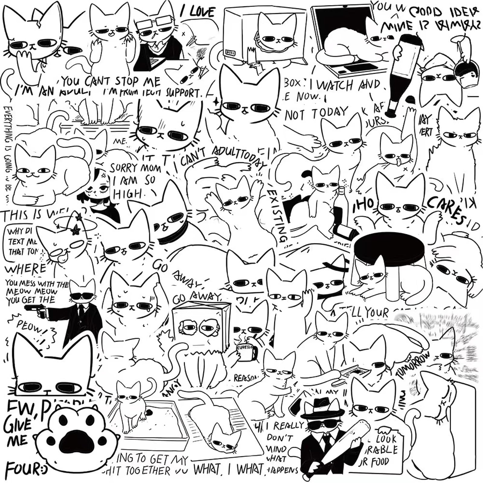 Cute Cat Anime Sticker Pack - Waterproof, 50PCS